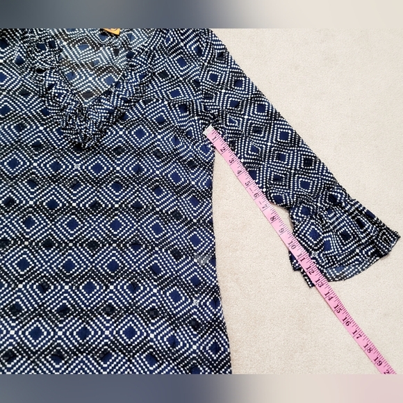 Tory Burch Women's Navy Blue Geometric Print Silk Blend Ruffle Tunic Top Size 8 - Picture 9 of 13